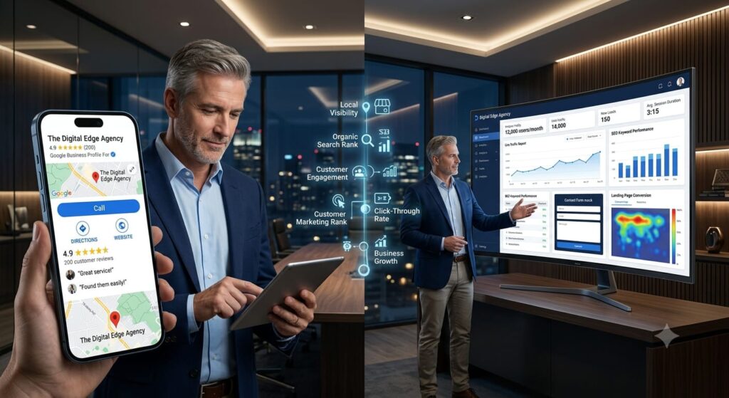 Confident local business owner comparing Google Business Profile performance with a professional business website using interactive dashboards showing Google Maps rankings, website traffic, customer reviews, and lead generation.