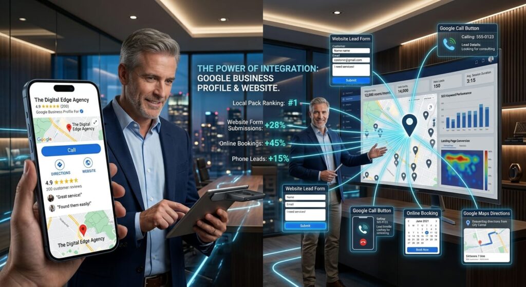 Local business owner using Google Business Profile and a professional website together while dashboards display Google Maps rankings, website enquiries, phone calls, bookings, and increasing local leads.