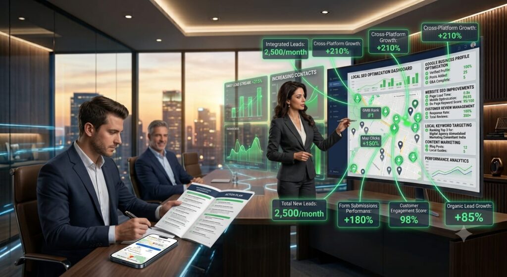 Digital marketing consultant presenting a comprehensive local SEO strategy on a large interactive dashboard featuring Google Business Profile optimization, website SEO, customer review management, local keyword targeting, Google Maps optimization, content marketing, and performance analytics while a business owner reviews the action plan.