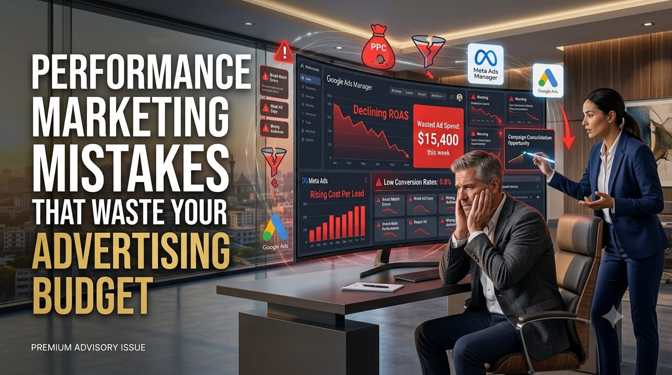 Concerned business owner reviewing Google Ads and Meta Ads dashboards with declining ROAS, rising cost per lead, low conversions, and wasted advertising budget while a performance marketing expert identifies optimization opportunities.