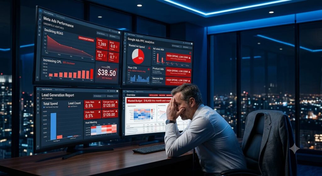 Frustrated entrepreneur analyzing advertising dashboards showing high ad spend, poor click-through rates, declining ROAS, low conversions, and wasted marketing budget.
