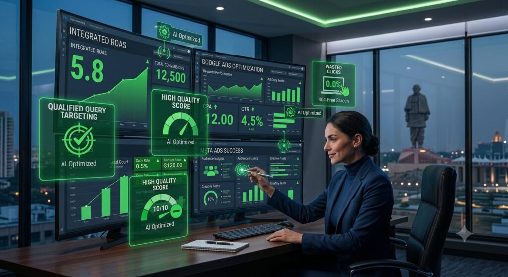 Performance marketing expert optimizing Google Ads and Meta Ads campaigns while dashboards display improving ROAS, higher conversions, lower acquisition costs, and growing revenue.