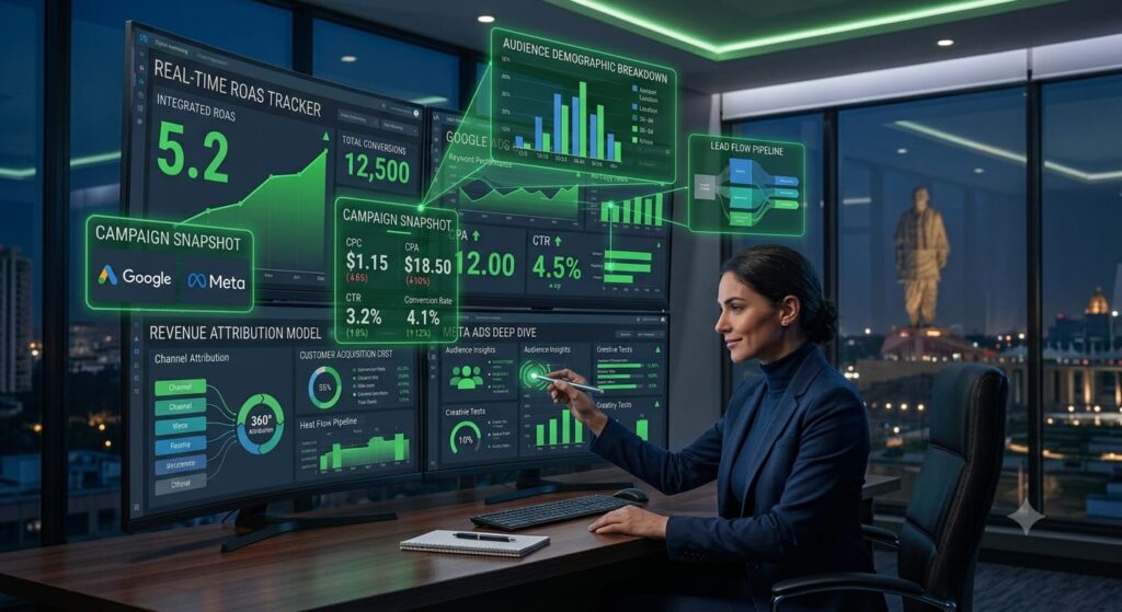 Digital marketing analyst monitoring ROAS, CPC, CPA, CTR, conversion rate, revenue attribution, Google Analytics, Google Ads, and Meta Ads dashboards.