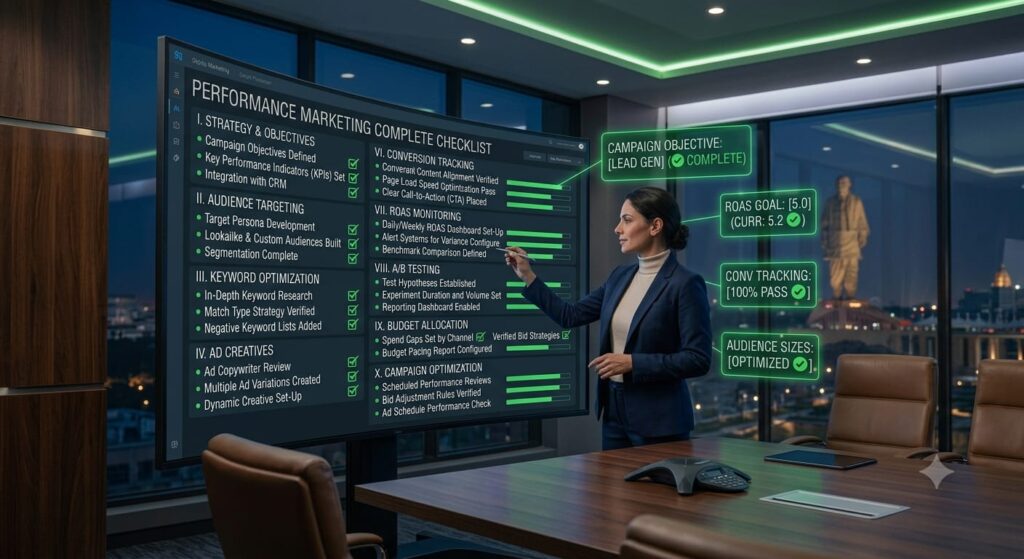 Marketing consultant reviewing a digital performance marketing checklist covering campaign objectives, audience targeting, keyword optimization, landing pages, conversion tracking, A/B testing, and ROAS monitoring.