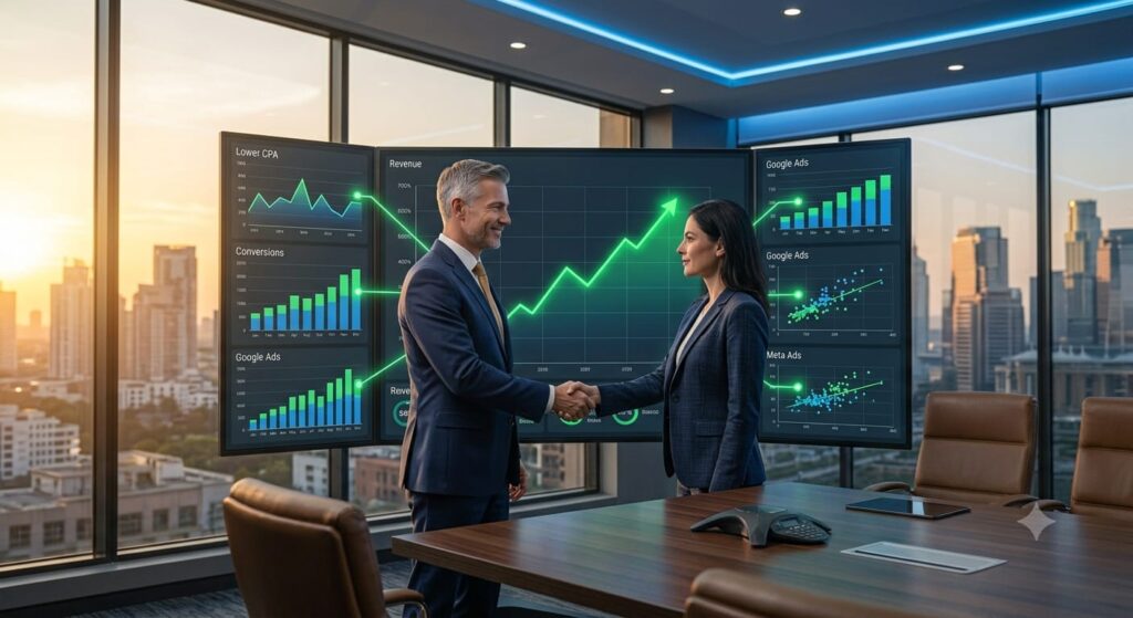 Successful business owner shaking hands with a performance marketing strategist while dashboards display optimized Google Ads, Meta Ads, higher ROAS, lower cost per lead, increasing conversions, and growing revenue.