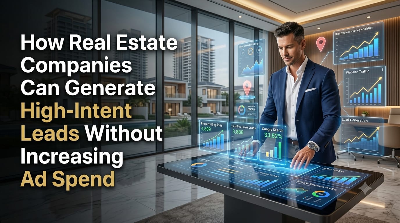 Confident real estate company owner reviewing digital marketing dashboards showing increasing property enquiries, SEO growth, Google Ads performance, and qualified buyer leads inside a luxury sales office.