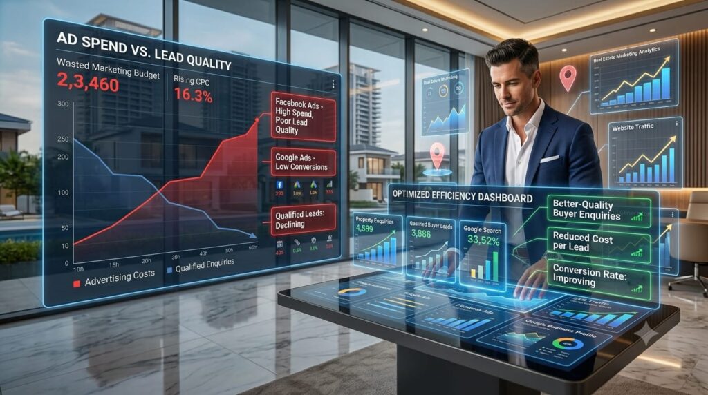 Real estate business owner analyzing advertising reports showing rising ad costs, declining lead quality, and optimized campaigns generating better property enquiries.