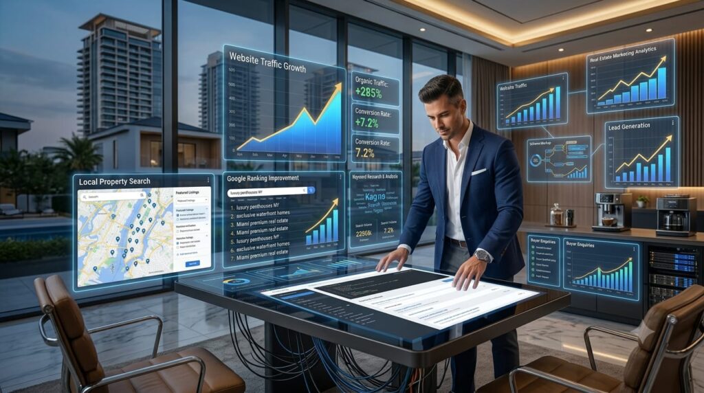 Real estate SEO specialist optimizing a property company's website while dashboards display improving Google rankings, organic traffic, local search visibility, and buyer enquiries.