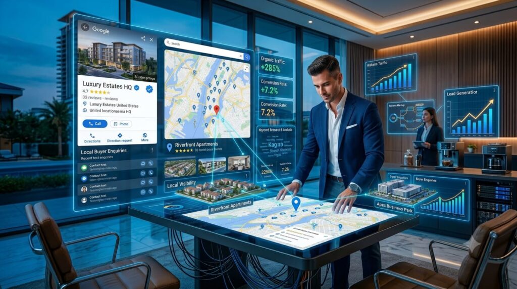 Real estate agency manager reviewing a verified Google Business Profile with Google Maps rankings, customer reviews, phone calls, direction requests, and local buyer enquiries.