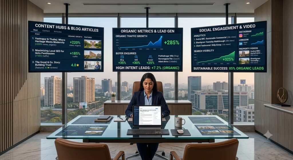 Digital marketing strategist creating real estate content while dashboards display blog traffic, SEO growth, social media engagement, and increasing buyer enquiries.