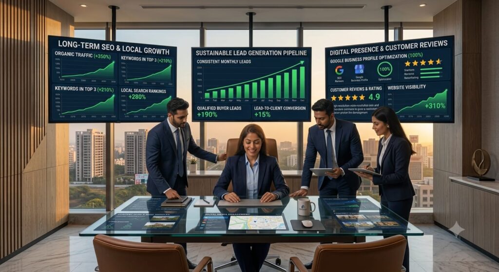 Real estate leadership team reviewing long-term digital marketing strategy with SEO growth, website traffic, customer reviews, local rankings, and qualified buyer leads.