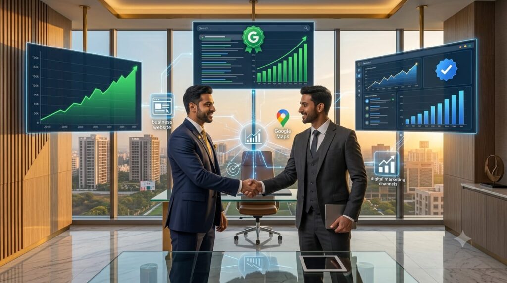 Successful real estate company owner shaking hands with a digital marketing strategist while dashboards display organic traffic growth, Google rankings, qualified buyer leads, and business growth.