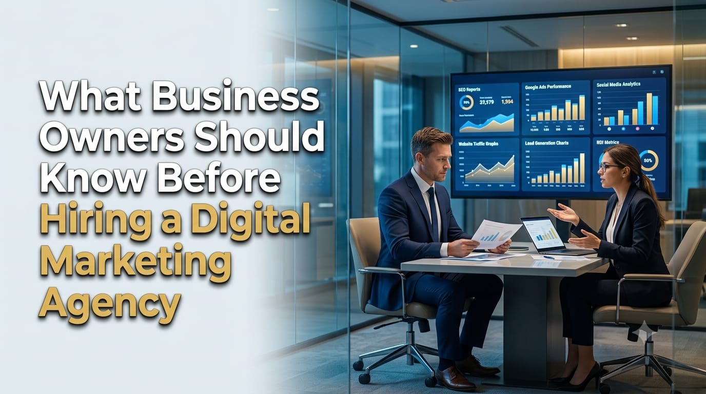 Two business professionals reviewing marketing data and charts on a digital screen in a conference room, accompanying a guide on what business owners should know before hiring a digital agency.