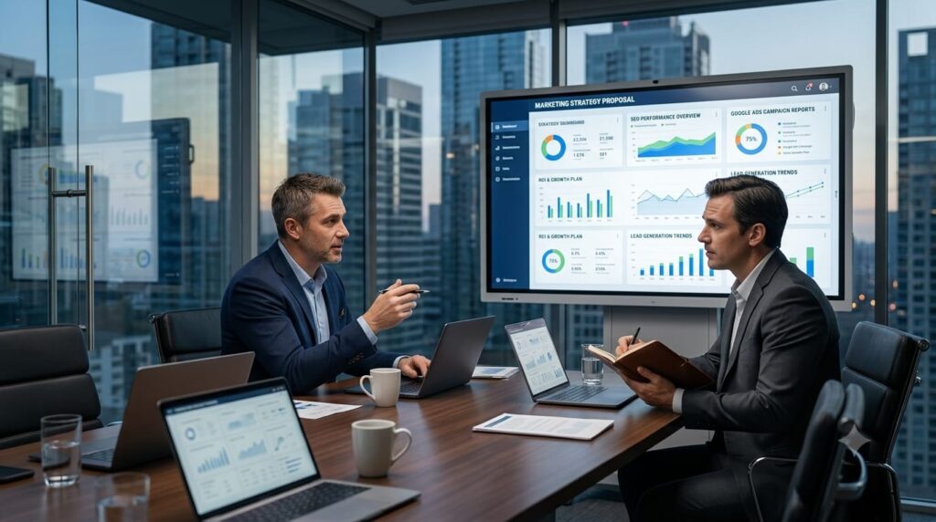 Business owner discussing SEO performance, Google Ads reports, ROI metrics, and marketing strategies with an experienced digital marketing consultant during a professional consultation.