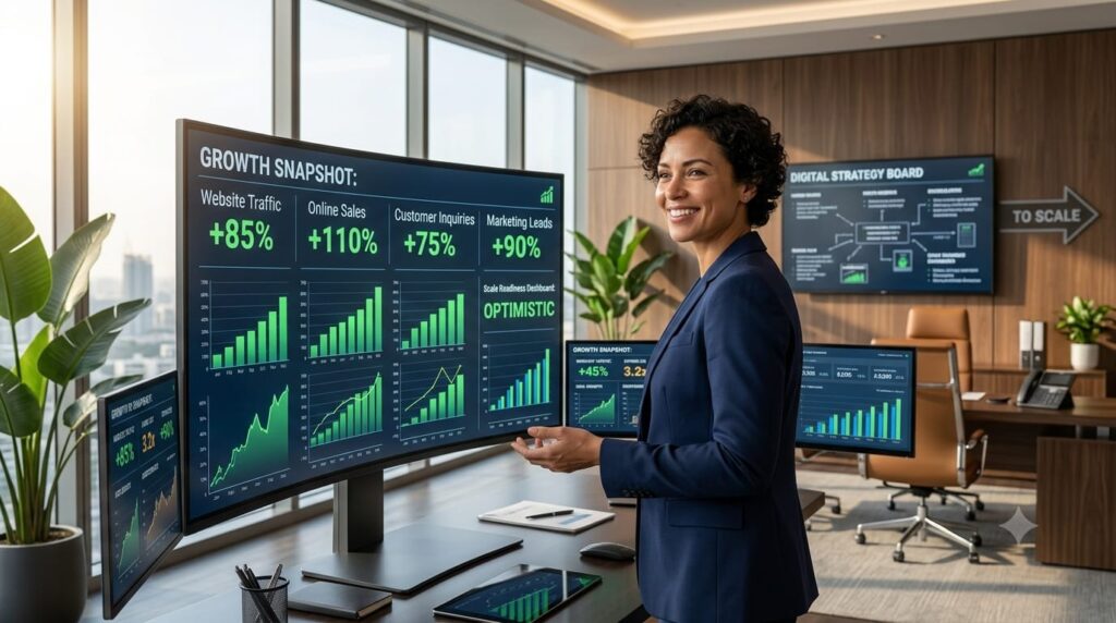 Confident entrepreneur reviewing growing website traffic, customer enquiries, online sales, lead generation, and marketing performance dashboards in a modern executive office.