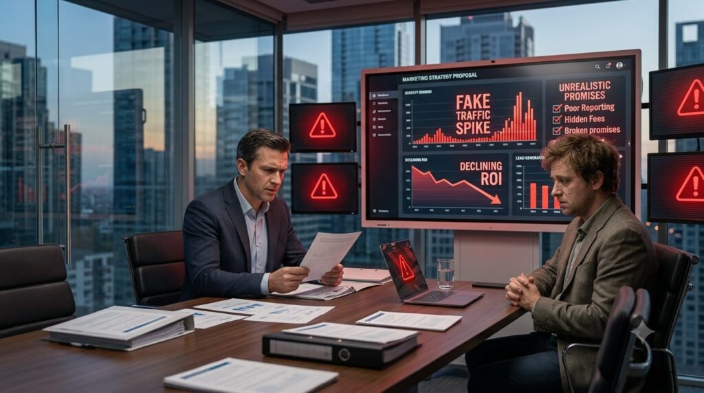 Concerned business owner reviewing a suspicious marketing proposal showing unrealistic promises, fake traffic spikes, poor reporting, declining ROI, and warning indicators.