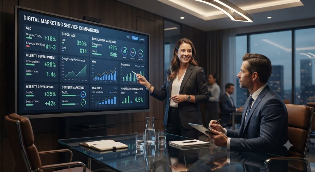 Digital marketing consultant presenting SEO, Google Ads, social media marketing, website development, content marketing, analytics, and conversion optimization services to a business owner.