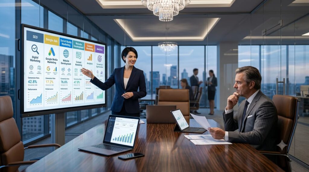 Business owner shaking hands with a trusted digital marketing agency after reviewing SEO growth, Google Ads performance, lead generation, and ROI reports in a luxury executive office.
