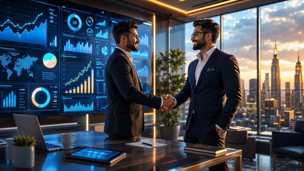Successful business owner and trusted digital marketing consultant reviewing dashboards showing higher SEO rankings, increasing website traffic, qualified leads, improved ROI, Google Ads performance, and sustainable business growth after forming a strategic partnership.