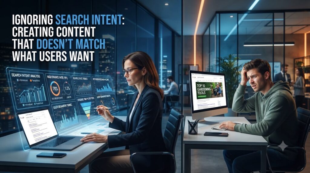 SEO strategist analyzing Google search intent while a website visitor lands on irrelevant content, causing high bounce rates and poor user engagement.