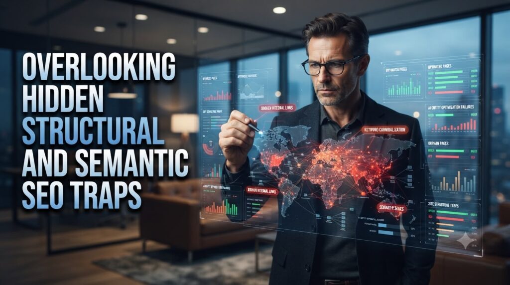 Senior SEO consultant reviewing website architecture with broken internal links, orphan pages, keyword cannibalization, and semantic SEO issues.