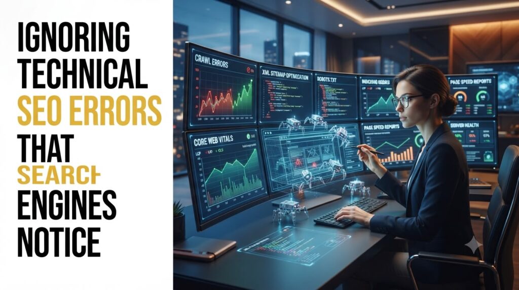 SEO engineer fixing crawl errors, XML sitemap issues, indexing problems, robots.txt configuration, and Core Web Vitals on multiple digital displays.