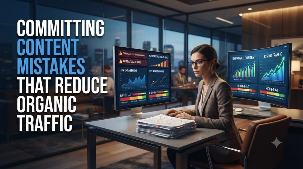 Content strategist reviewing duplicate content, keyword stuffing, outdated articles, and E-E-A-T improvements on SEO performance dashboards.