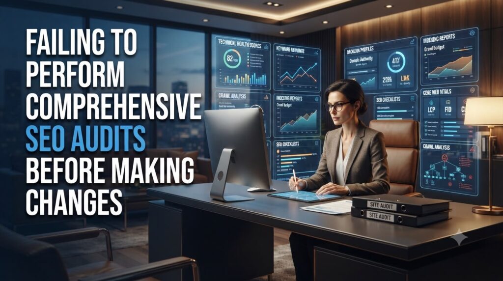 SEO consultant reviewing technical audit reports, backlink analysis, keyword rankings, Core Web Vitals, and website health before optimization.