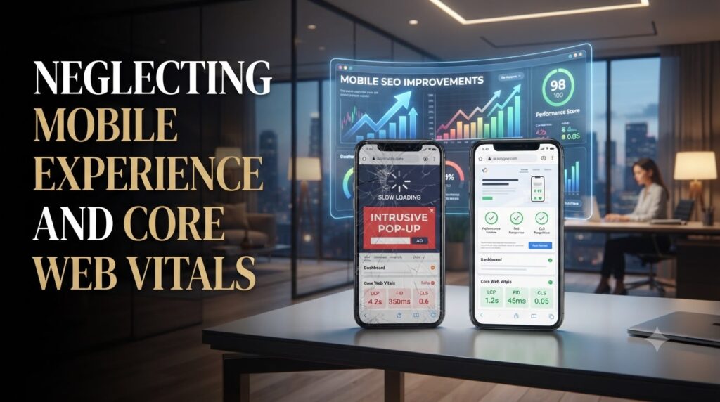 Comparison of slow mobile website with poor Core Web Vitals versus optimized responsive website showing green performance metrics.