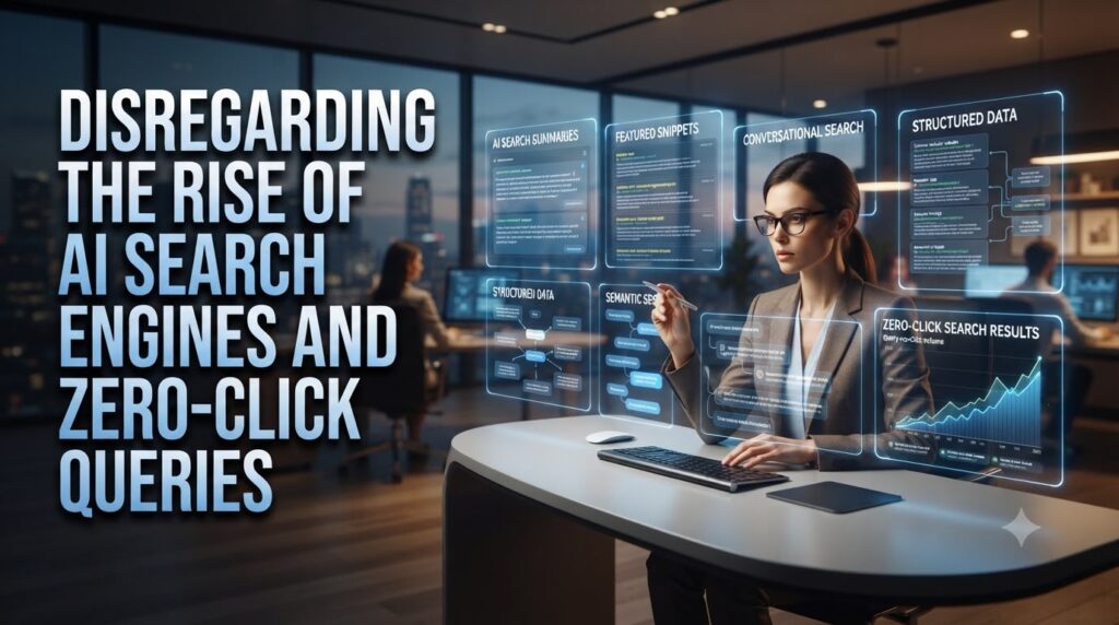 Digital marketing strategist analyzing AI-powered search results, featured snippets, structured data, semantic SEO, and zero-click search experiences.