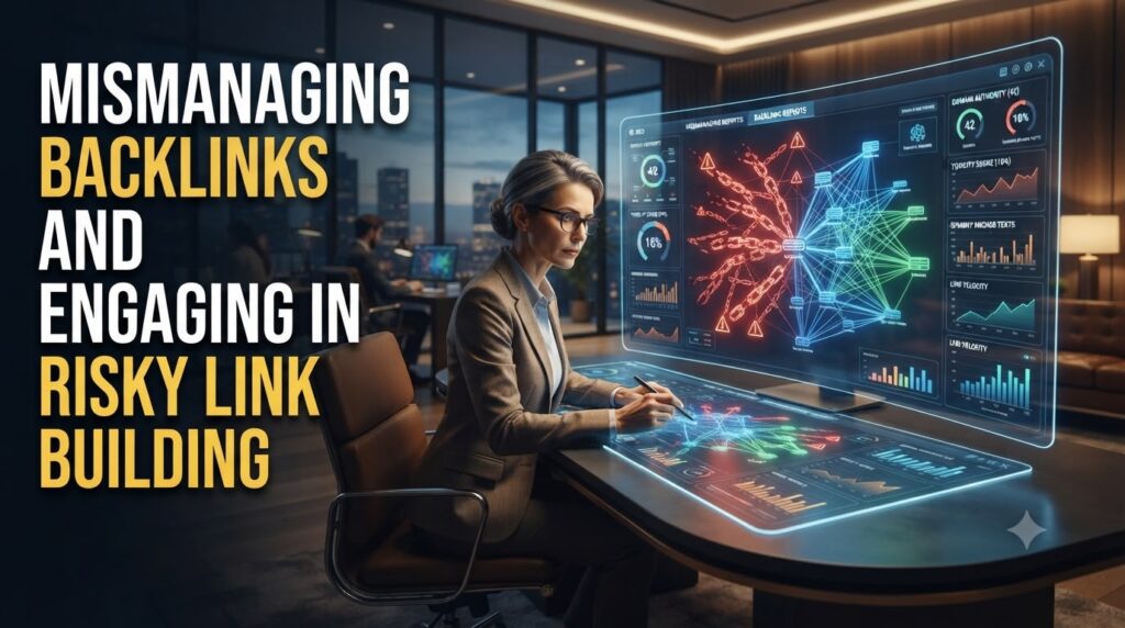 SEO expert reviewing toxic backlinks and high-authority backlinks using advanced link analysis dashboards with glowing digital connections.