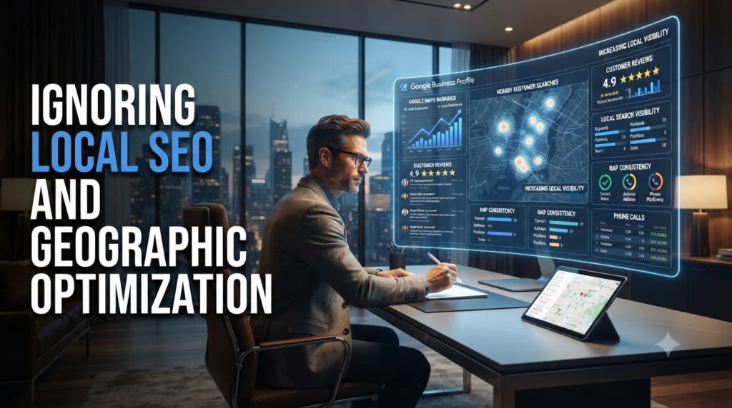 Business owner optimizing Google Business Profile while dashboards display Google Maps rankings, customer reviews, local search visibility, and nearby customer searches.