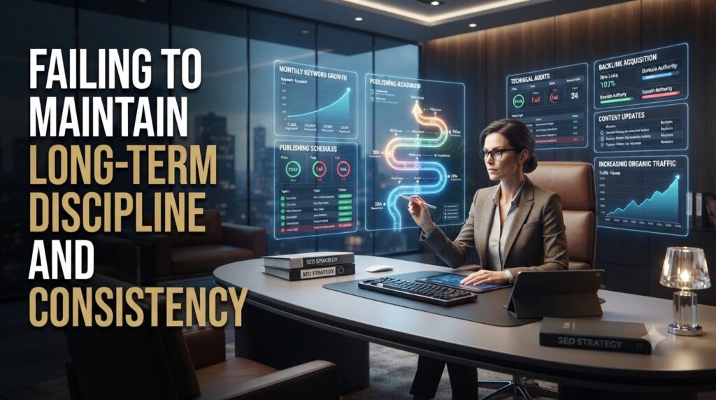 SEO strategist following a long-term SEO roadmap with dashboards displaying keyword growth, content publishing schedules, backlink acquisition, and increasing organic traffic.