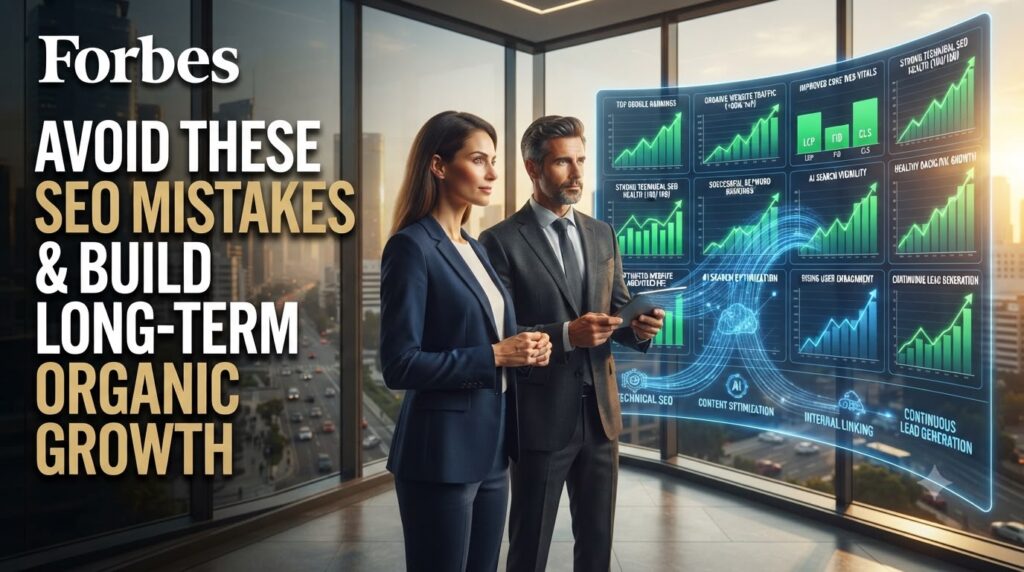 Experienced SEO strategist and confident business owner reviewing a successful SEO growth dashboard displaying rising Google rankings, increasing organic traffic, improved Core Web Vitals, stronger keyword positions, healthy website performance, and long-term SEO success.