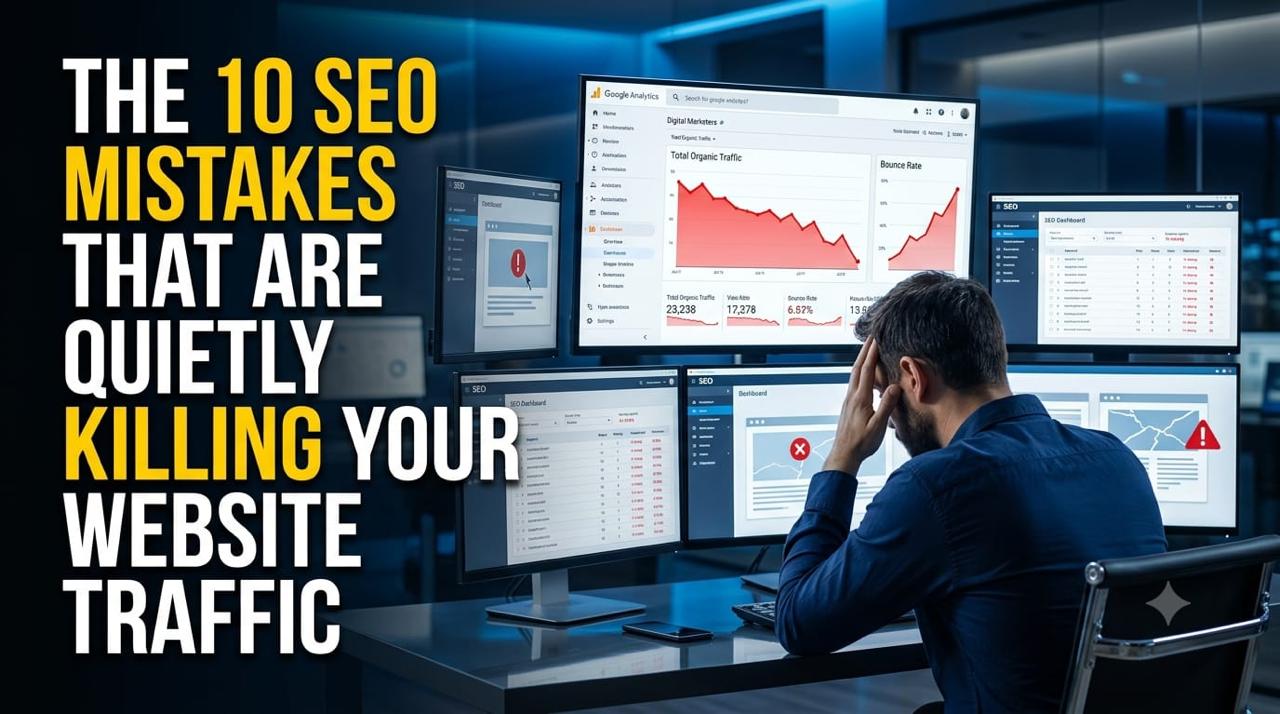 Experienced SEO expert explaining critical SEO mistakes to a concerned website owner while futuristic dashboards display declining Google rankings, organic traffic loss, Core Web Vitals issues, indexing errors, and technical SEO warnings.